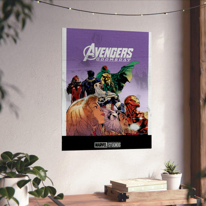 Avengers: Doomsday (2026) Movie Illustrated Purple Art poster unframed on a white wall above a desk