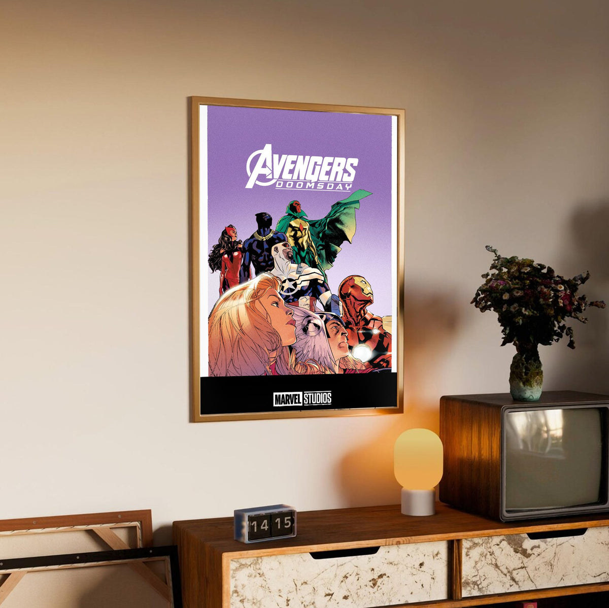 Avengers: Doomsday (2026) Movie Illustrated Purple Art poster in an oak frame above a sideboard