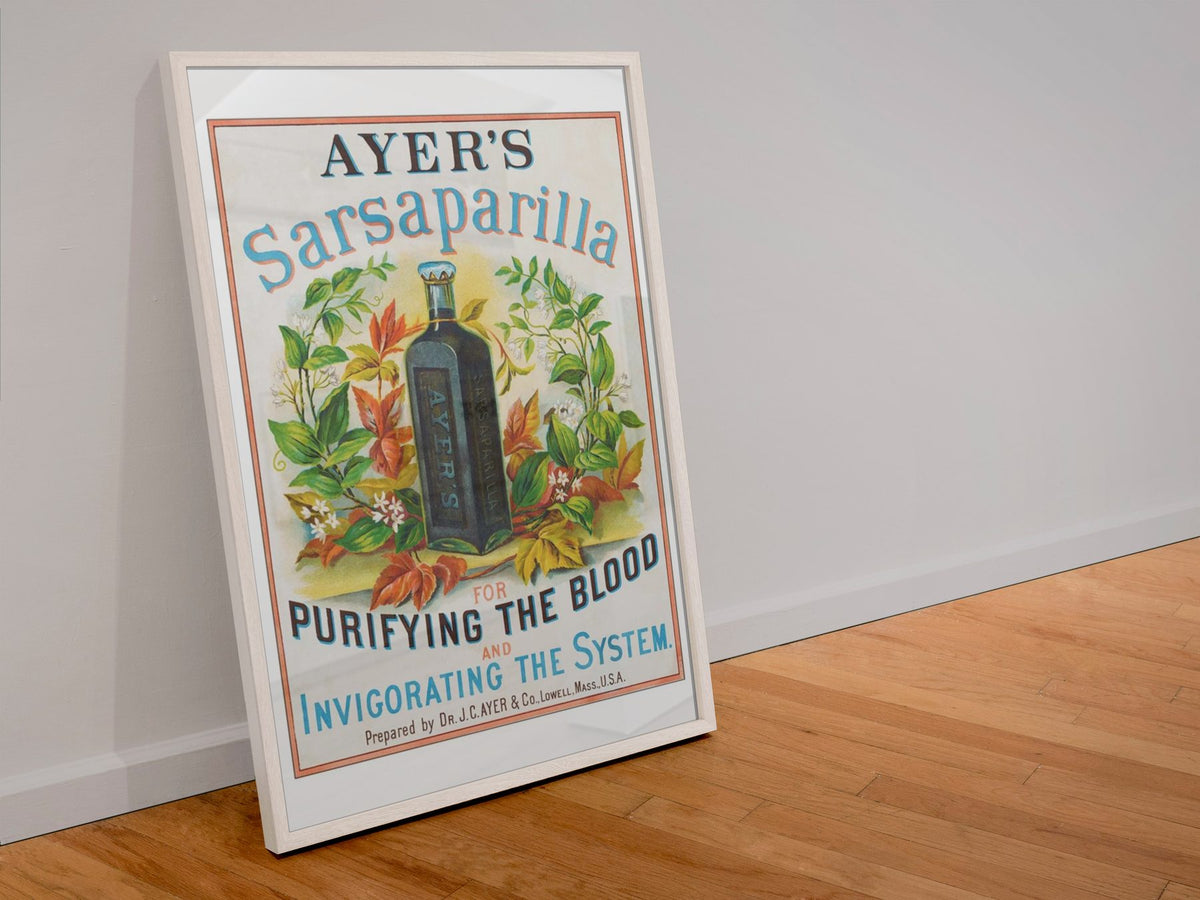 Ayers Sarsaparilla poster in a white frame leaning against a wall