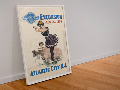 B and O Railroad Atlantic City poster in a white frame leaning against a wall