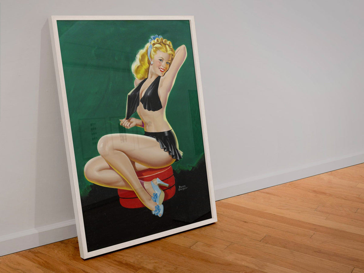 Babe in Black poster in a white frame leaning against a wall