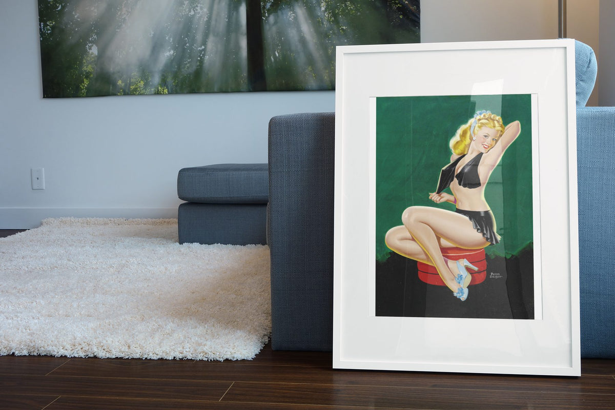 Babe in Black poster leaning beside a blue sofa