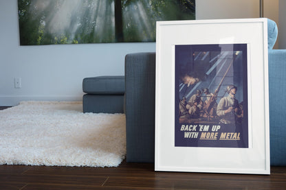 Back Em Up with More Metal poster leaning beside a blue sofa