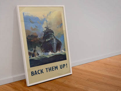Back Them Up Battleship poster in a white frame leaning against a wall