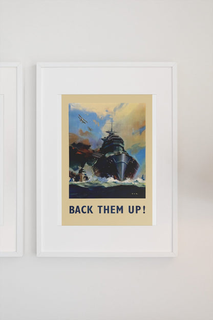 Back Them Up Battleship poster on a light wall