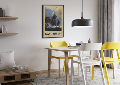 Back Them Up Battleship poster framed above a dining table