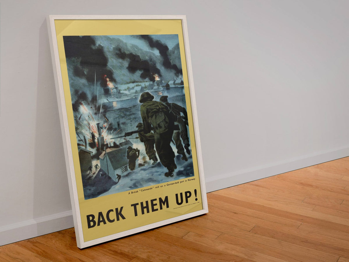 Back Them Up — Soldiers Ashore poster in a white frame leaning against a wall
