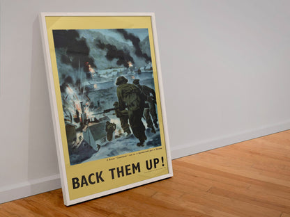 Back Them Up — Soldiers Ashore poster in a white frame leaning against a wall