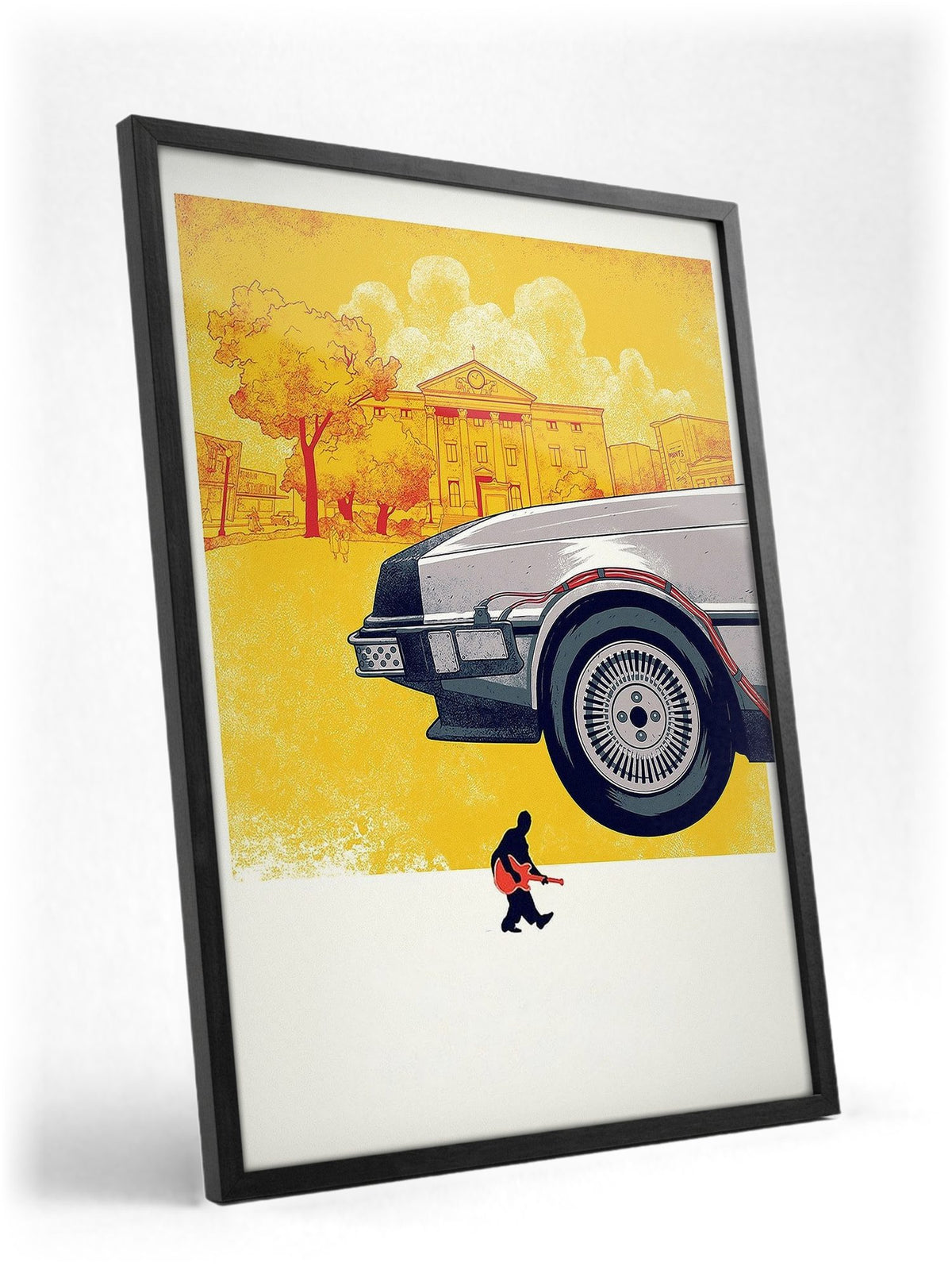 Back to the Future (1985) Movie DeLorean Illustrated Art poster in a black frame with glass leaning against a wall