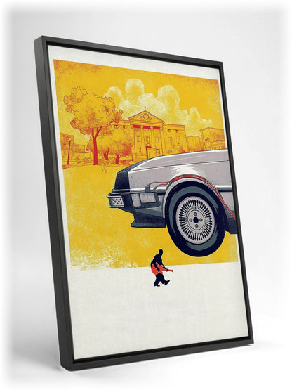 Back to the Future (1985) Movie DeLorean Illustrated Art as a black floater framed canvas leaning against a wall