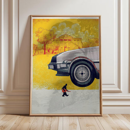 Back to the Future (1985) Movie DeLorean Illustrated Art poster in a light oak frame leaning against a white wall