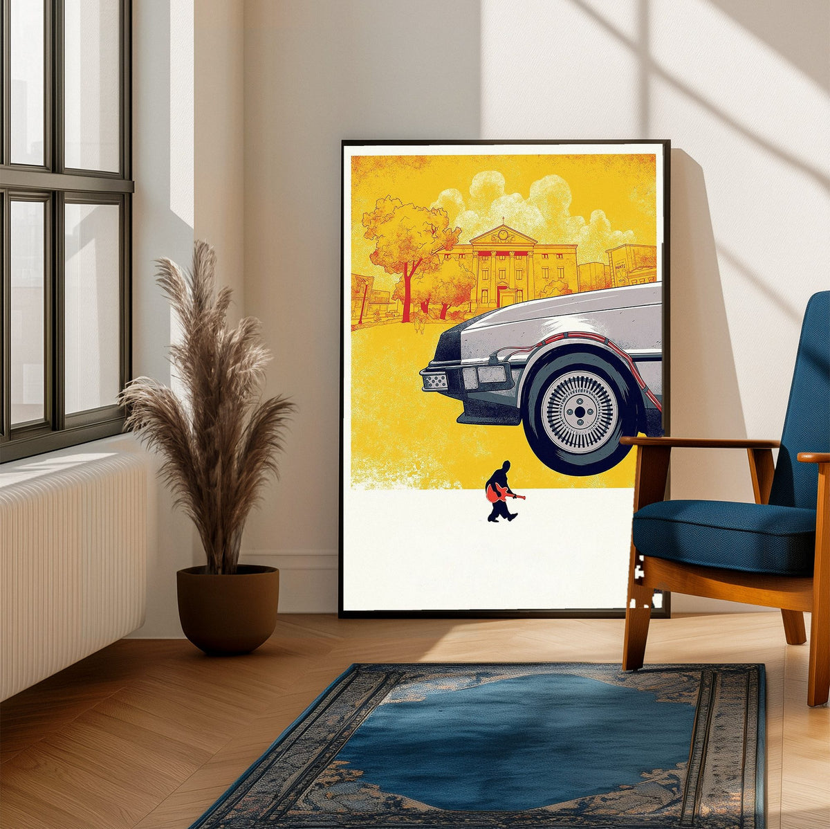 Back to the Future (1985) Movie DeLorean Illustrated Art poster framed beside a blue armchair in a sunlit room