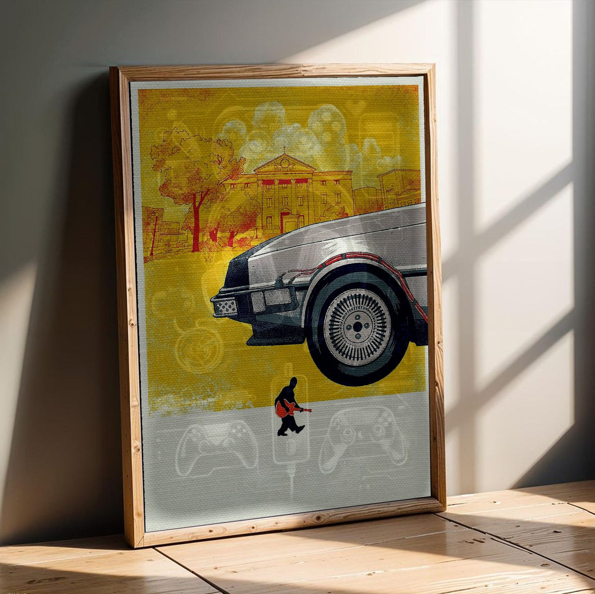 Back to the Future (1985) Movie DeLorean Illustrated Art poster in an oak frame leaning on a wooden floor
