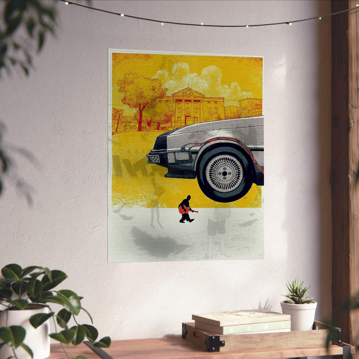 Back to the Future (1985) Movie DeLorean Illustrated Art poster unframed on a white wall above a desk