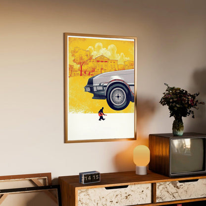 Back to the Future (1985) Movie DeLorean Illustrated Art poster in an oak frame above a sideboard