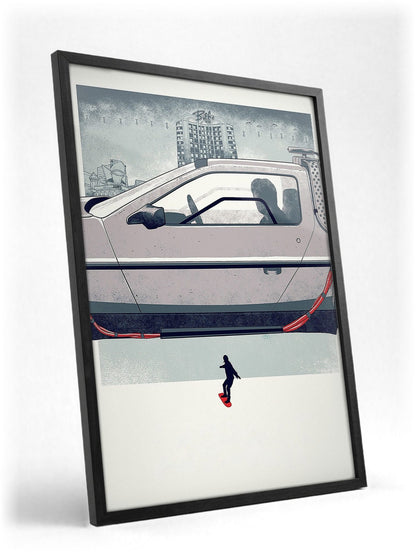 Back to the Future Part II (1989) Movie DeLorean Hover Art poster in a black frame with glass leaning against a wall