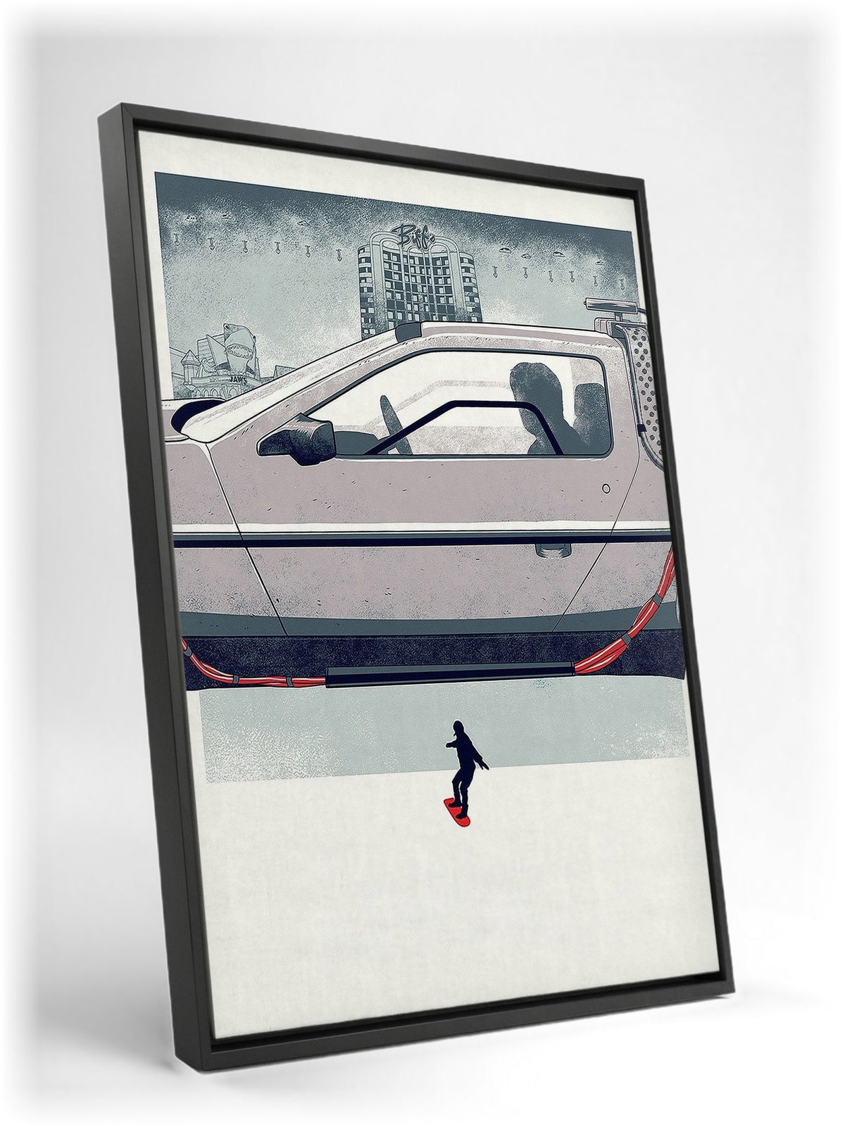 Back to the Future Part II (1989) Movie DeLorean Hover Art as a black floater framed canvas leaning against a wall