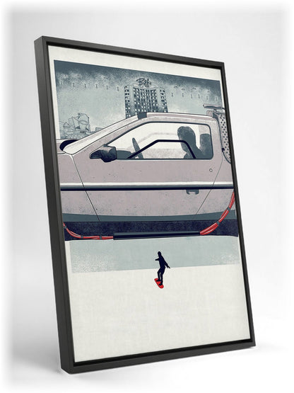 Back to the Future Part II (1989) Movie DeLorean Hover Art as a black floater framed canvas leaning against a wall