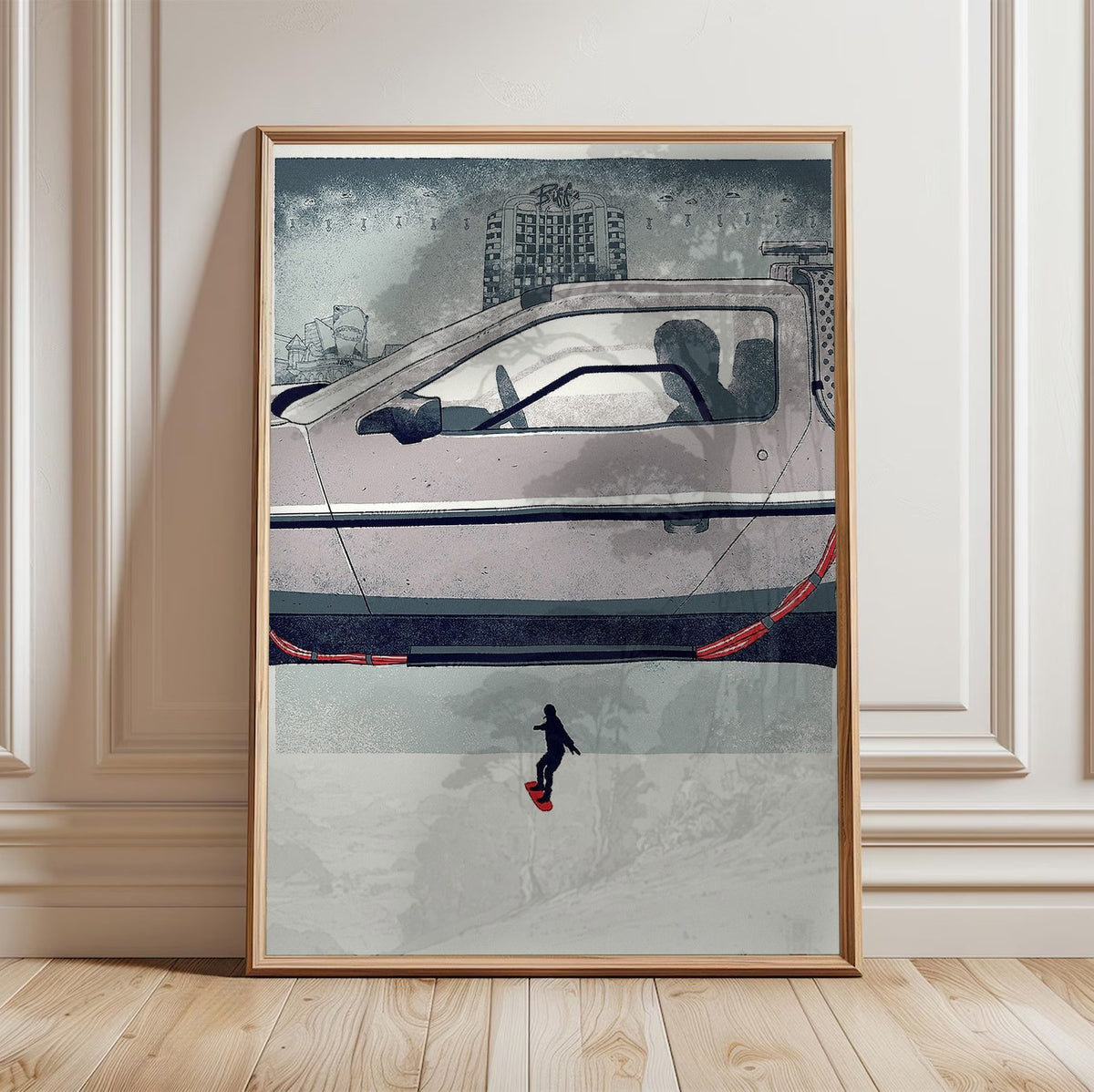 Back to the Future Part II (1989) Movie DeLorean Hover Art poster in a light oak frame leaning against a white wall