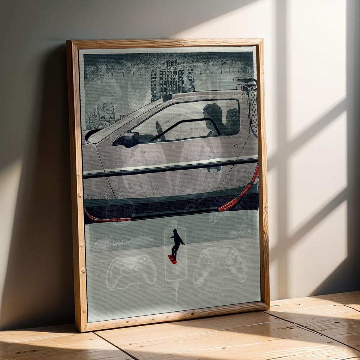 Back to the Future Part II (1989) Movie DeLorean Hover Art poster in an oak frame leaning on a wooden floor