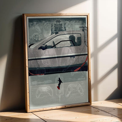 Back to the Future Part II (1989) Movie DeLorean Hover Art poster in an oak frame leaning on a wooden floor