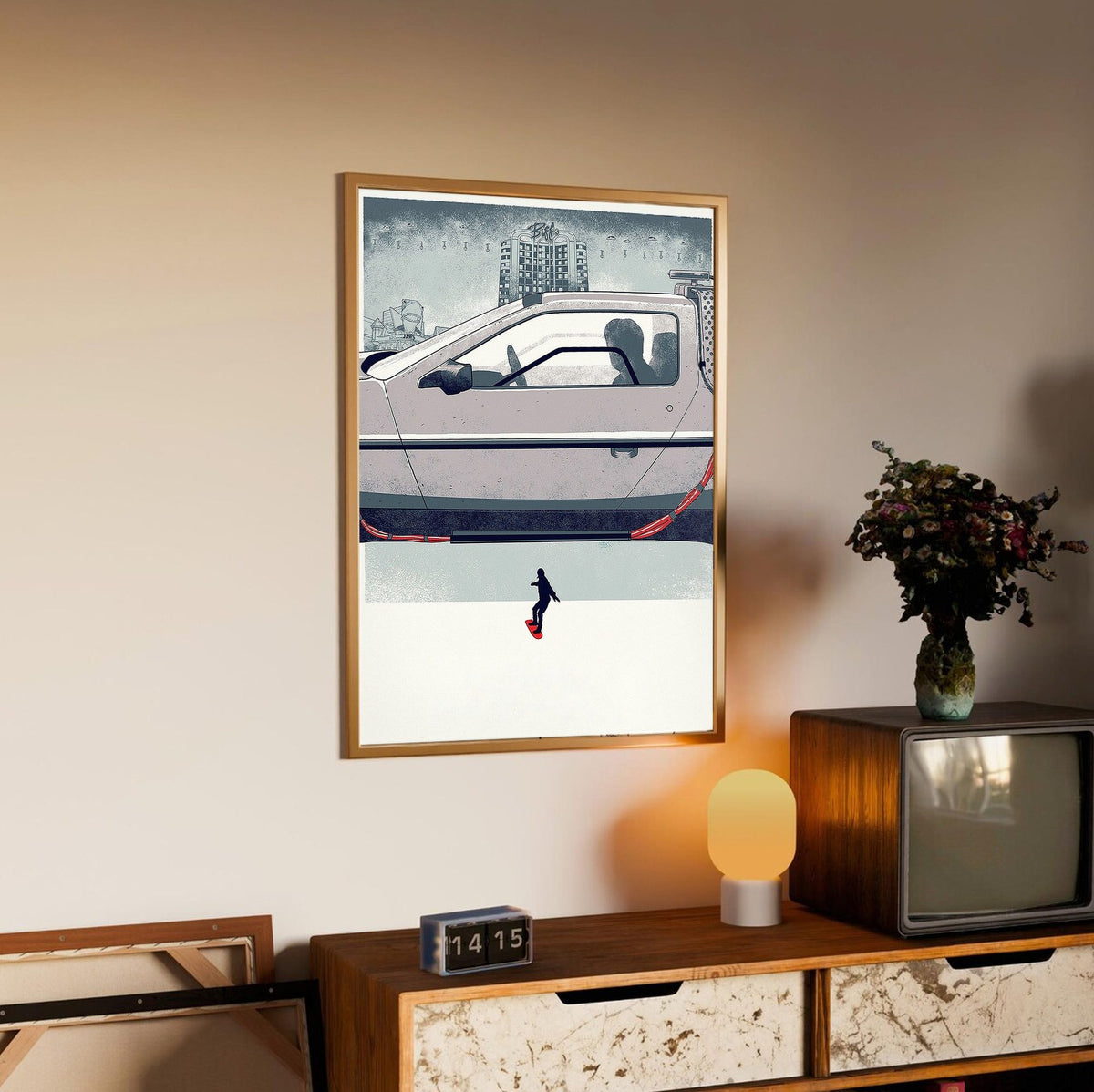 Back to the Future Part II (1989) Movie DeLorean Hover Art poster in an oak frame above a sideboard