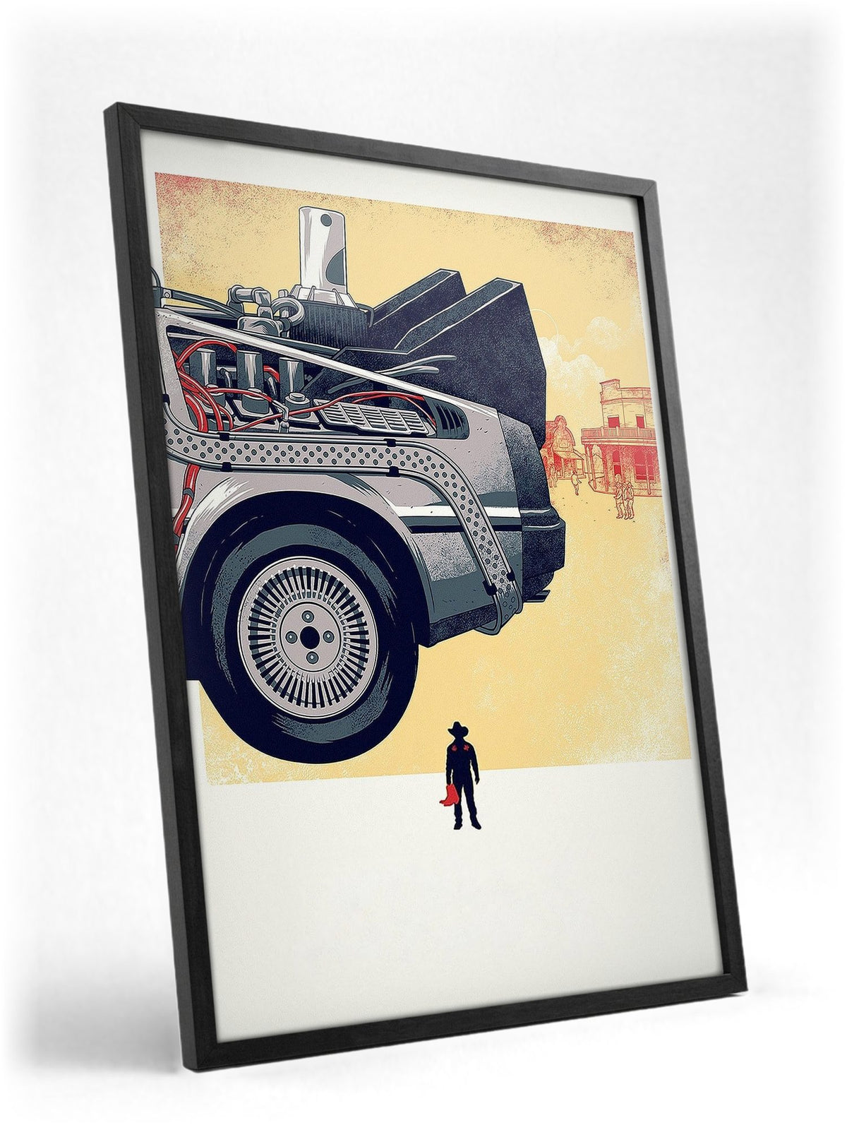 Back to the Future Part III (1990) Movie DeLorean Western Art poster in a black frame with glass leaning against a wall