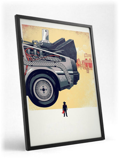 Back to the Future Part III (1990) Movie DeLorean Western Art poster in a black frame with glass leaning against a wall