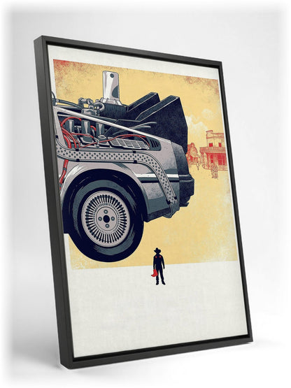 Back to the Future Part III (1990) Movie DeLorean Western Art as a black floater framed canvas leaning against a wall