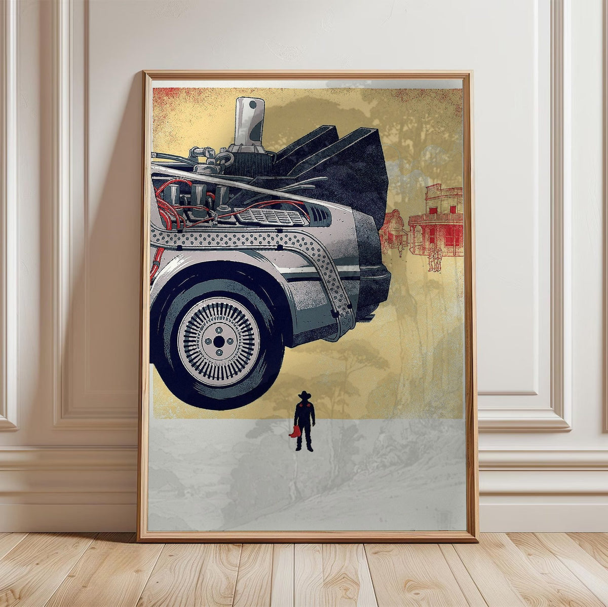 Back to the Future Part III (1990) Movie DeLorean Western Art poster in a light oak frame leaning against a white wall
