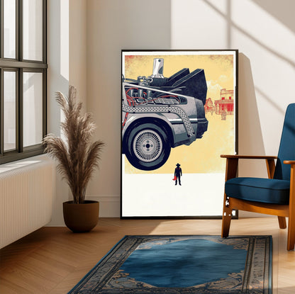 Back to the Future Part III (1990) Movie DeLorean Western Art poster framed beside a blue armchair in a sunlit room