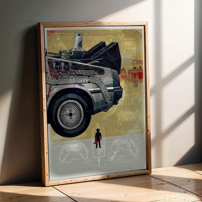 Back to the Future Part III (1990) Movie DeLorean Western Art poster in an oak frame leaning on a wooden floor