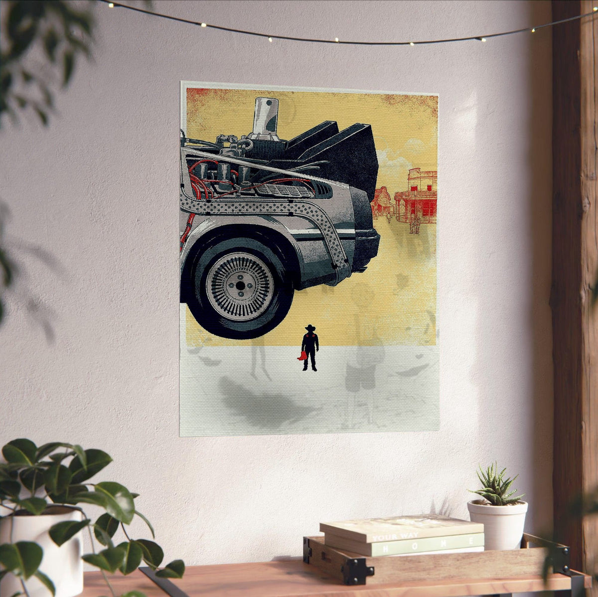 Back to the Future Part III (1990) Movie DeLorean Western Art poster unframed on a white wall above a desk