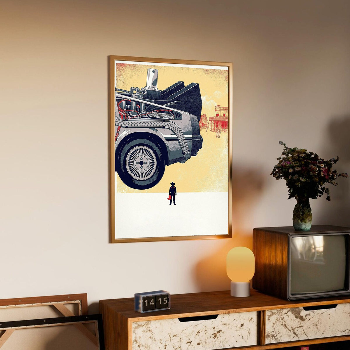 Back to the Future Part III (1990) Movie DeLorean Western Art poster in an oak frame above a sideboard