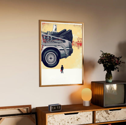 Back to the Future Part III (1990) Movie DeLorean Western Art poster in an oak frame above a sideboard