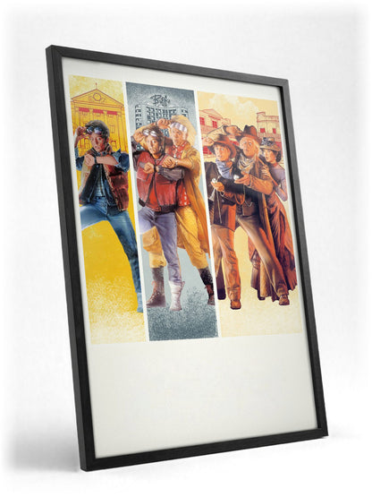 Back to the Future Trilogy Movie Triptych Art poster in a black frame with glass leaning against a wall