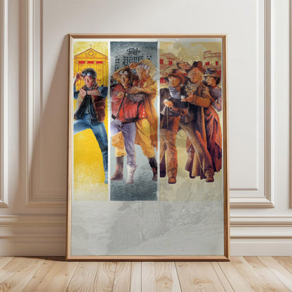 Back to the Future Trilogy Movie Triptych Art poster in a light oak frame leaning against a white wall