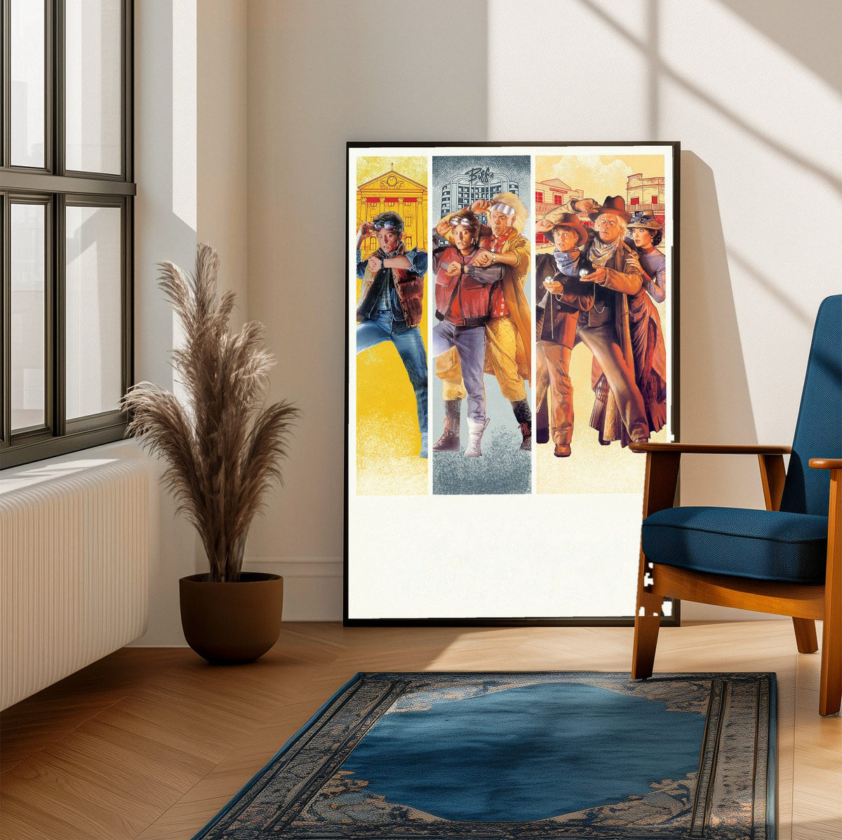 Back to the Future Trilogy Movie Triptych Art poster framed beside a blue armchair in a sunlit room