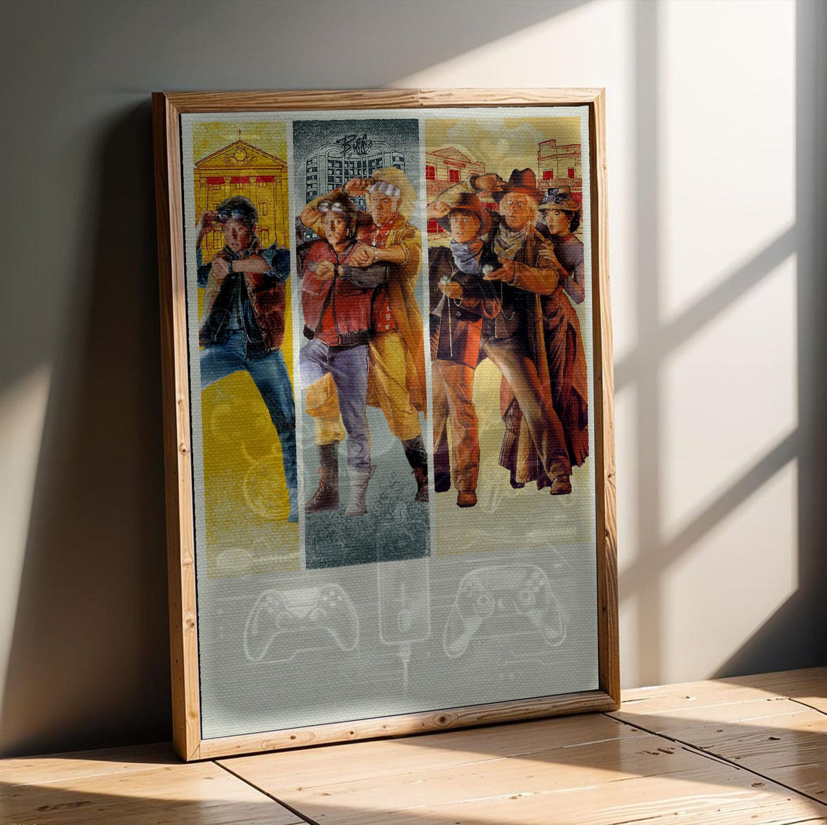 Back to the Future Trilogy Movie Triptych Art poster in an oak frame leaning on a wooden floor