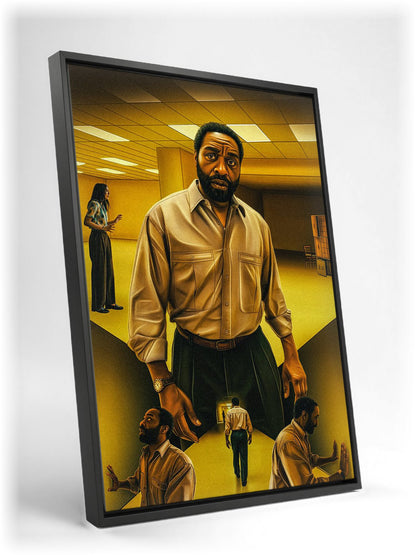 Backrooms (2026) Movie Key Art as a black floater framed canvas leaning against a wall