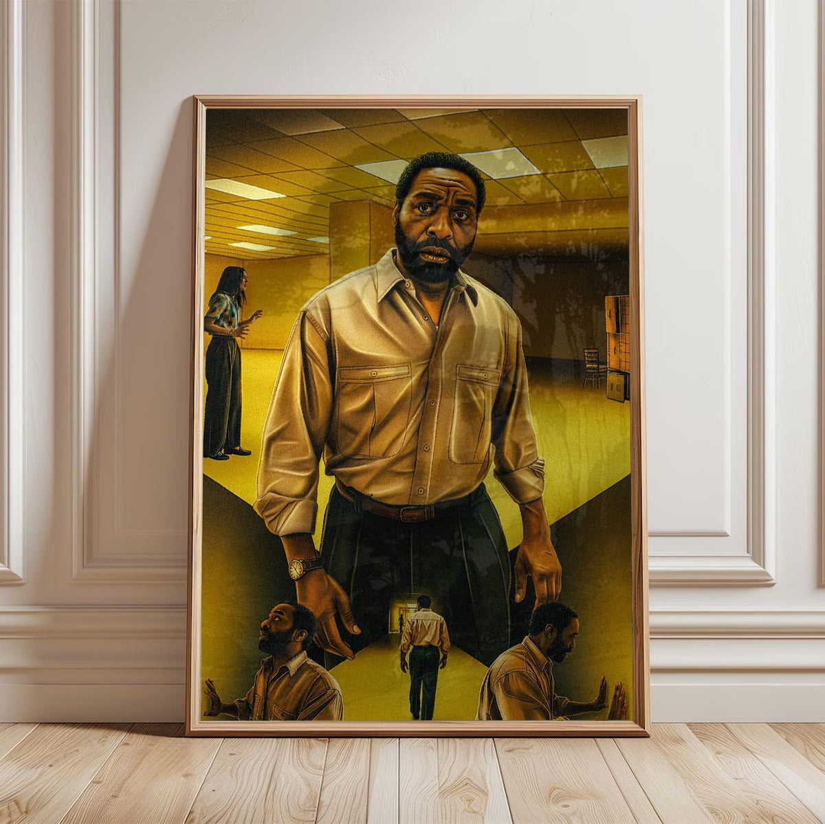 Backrooms (2026) Movie Key Art poster in a light oak frame leaning against a white wall