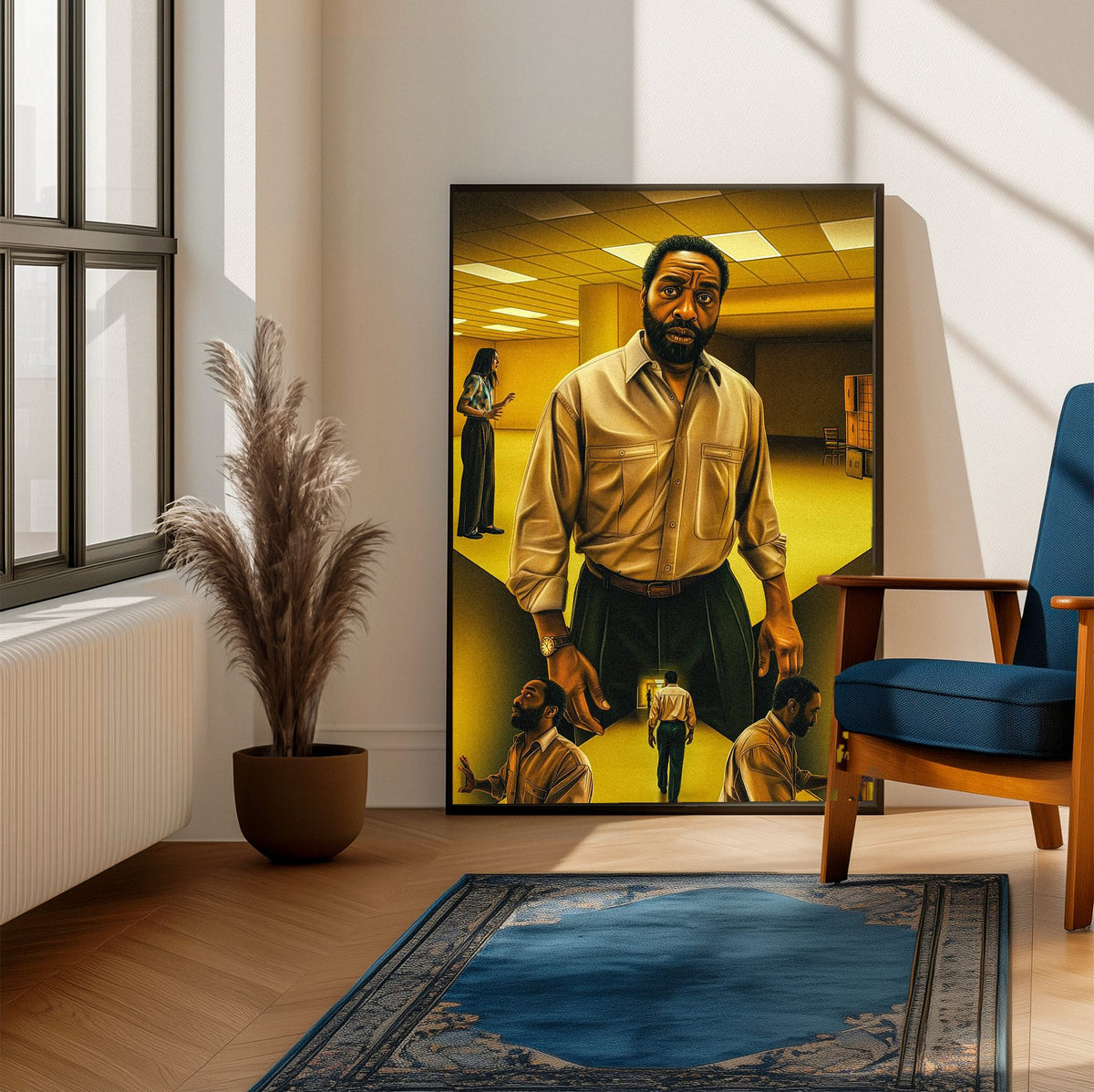 Backrooms (2026) Movie Key Art poster framed beside a blue armchair in a sunlit room