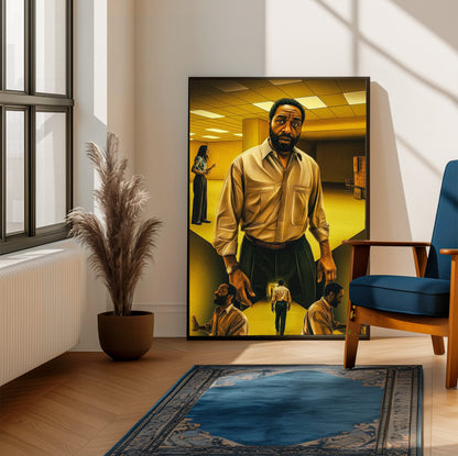 Backrooms (2026) Movie Key Art poster framed beside a blue armchair in a sunlit room