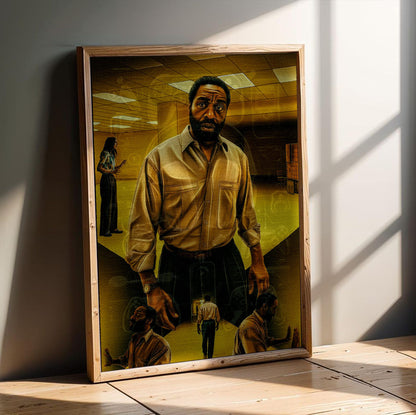 Backrooms (2026) Movie Key Art poster in an oak frame leaning on a wooden floor