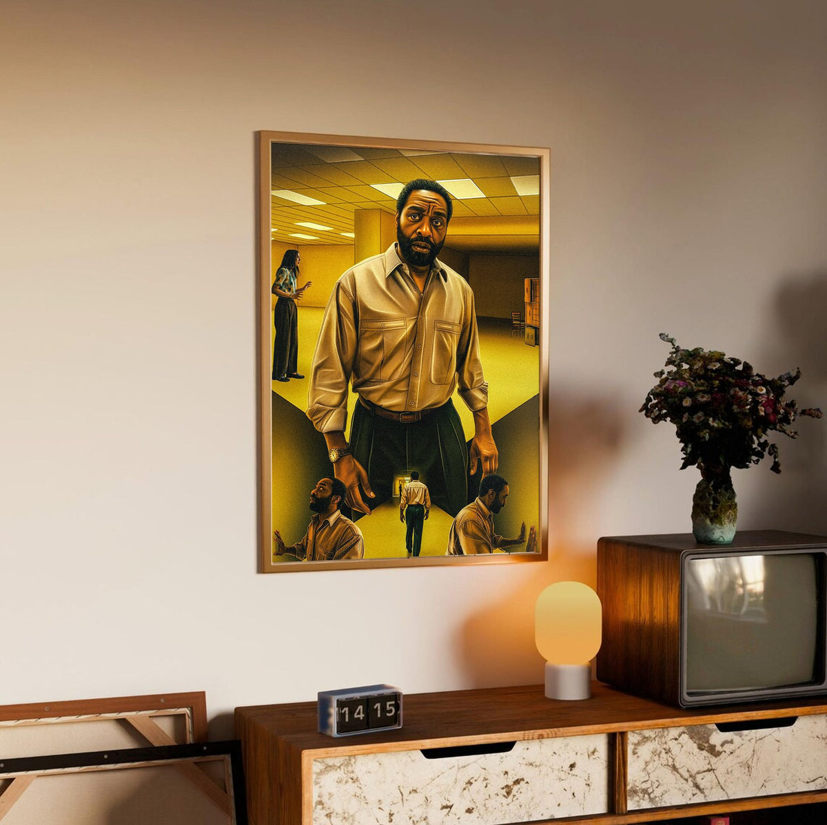 Backrooms (2026) Movie Key Art poster in an oak frame above a sideboard