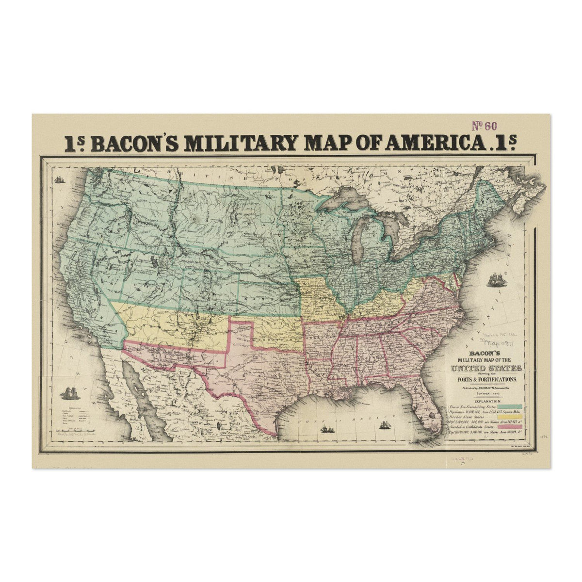 Bacon’s Military Map of America 1862 vintage print