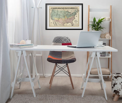 Bacon’s Military Map of America 1862 print framed above a white desk in a home office