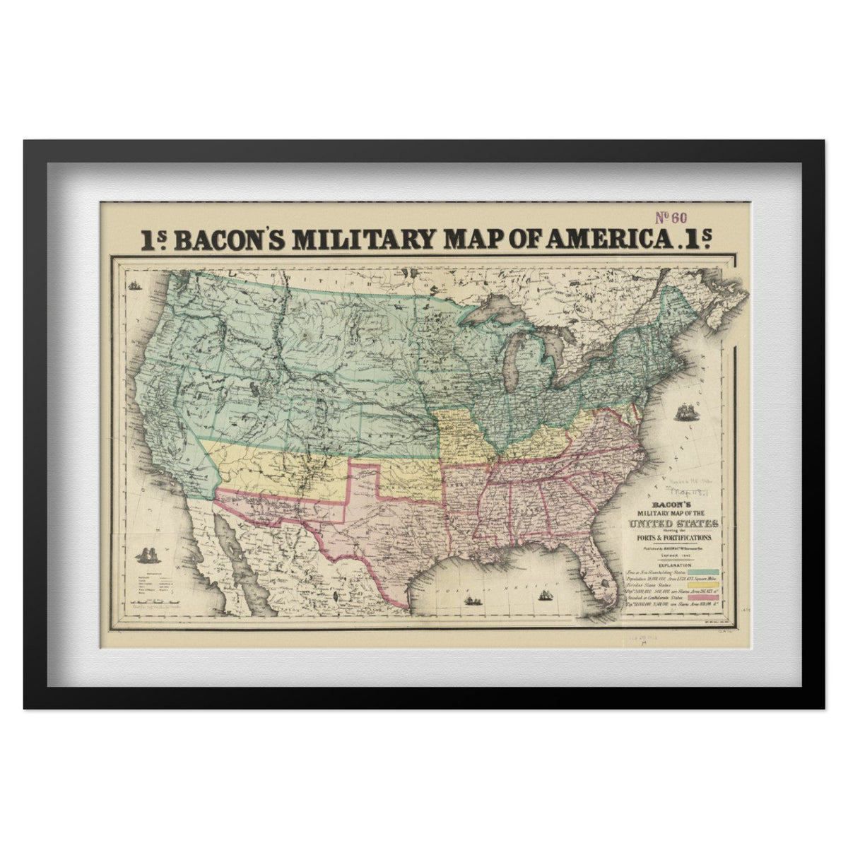 Bacon’s Military Map of America 1862 print in a black frame with a white mat