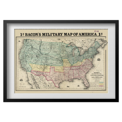 Bacon’s Military Map of America 1862 print in a black frame with a white mat