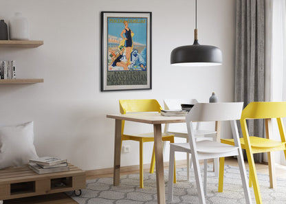 Balneario San Sebastian Barcelona poster framed above a dining table